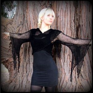 Witchy Morticia bell sleeve cropped wrap mesh knit sweater